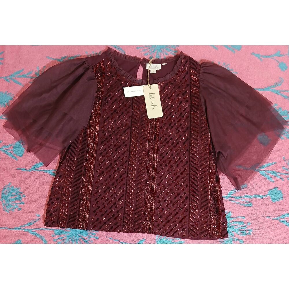 Anthropologie let me be womens medium top boxy burgundy Tule ruffle sleeve